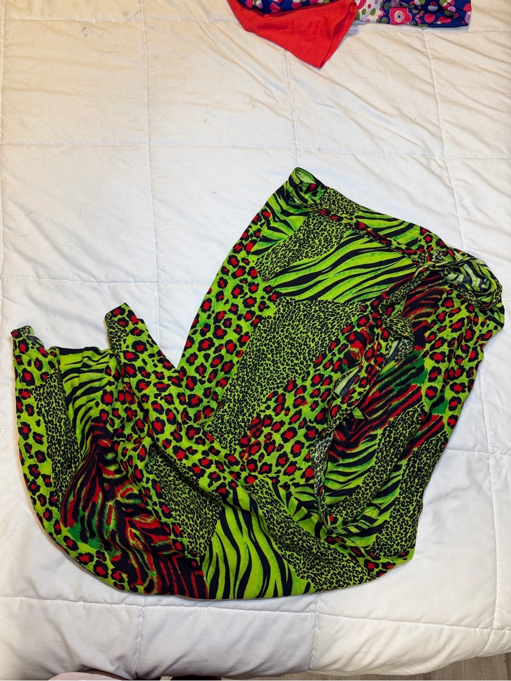 Kaktus Neon Green Animal Patchwork Maxi Skirt with Red Accents